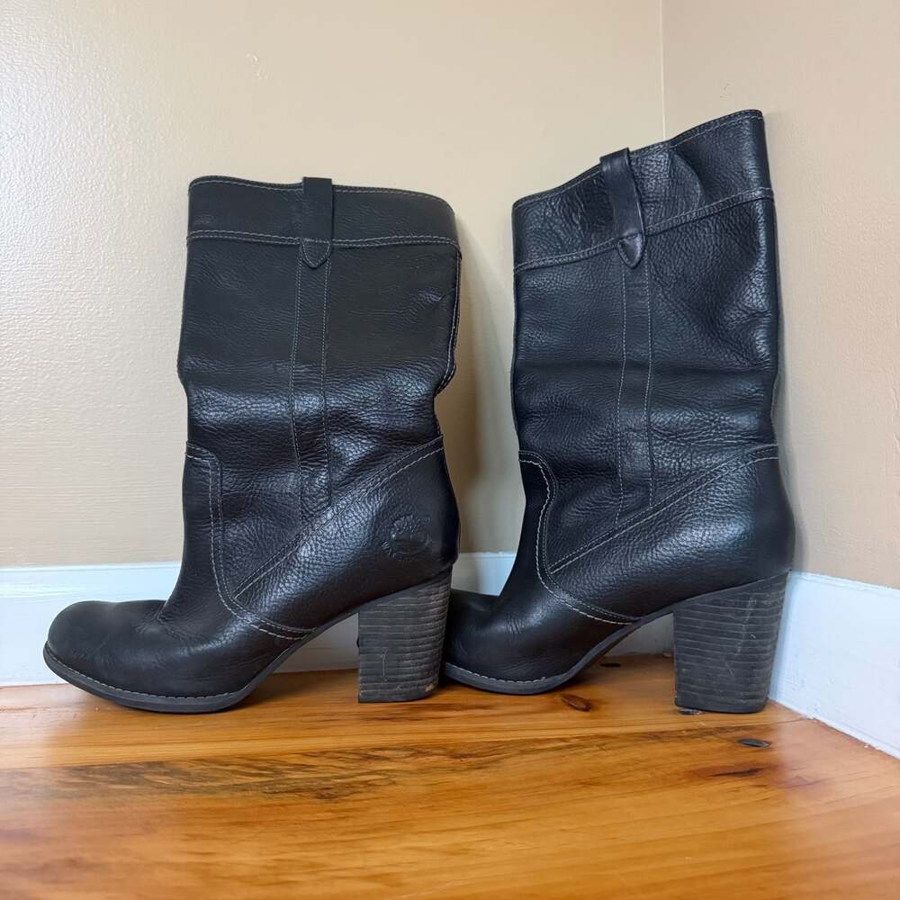 Timberland Black Leather Mid-Calf Block Heel Boots Size 8